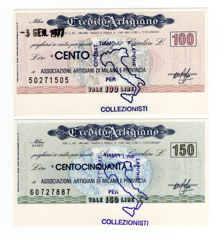 Lotto n.2 Miniassegni - Milano, 1977, Il Credito Artigiano da 100, 150 Lire - As...
