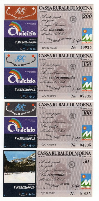Lotto n.4 Miniassegni - Moena, 1978, Cassa Rurale di Moena da 50, 100, 150, 200 ...