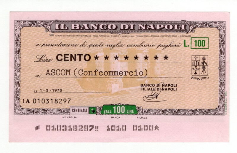 Miniassegno - Napoli, 1976, Il Banco di Napoli da 100 Lire - Ascom "Confcommerci...