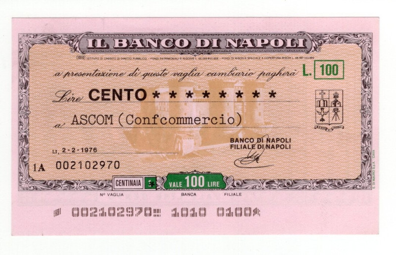 Miniassegno - Napoli, 1976, Il Banco di Napoli da 100 Lire - Ascom "Confcommerci...