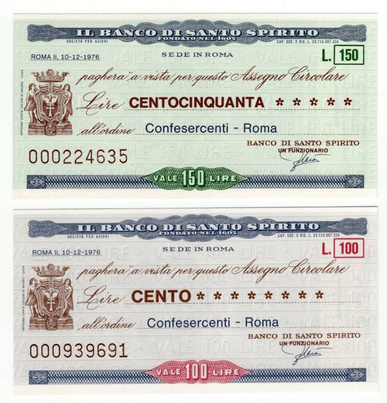 Lotto n.2 Miniassegni - Roma, 1976, Il Banco di Santo Spirito da 100, 150 Lire -...