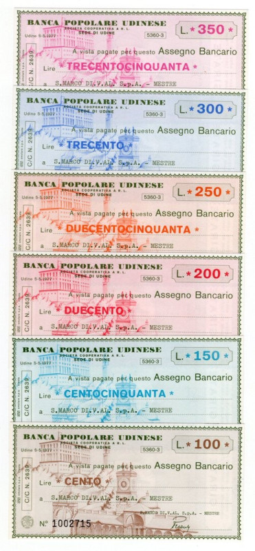 Lotto n.6 Miniassegni - Udine, 1977, Banca Popolare Udinese da 100, 150, 200, 25...