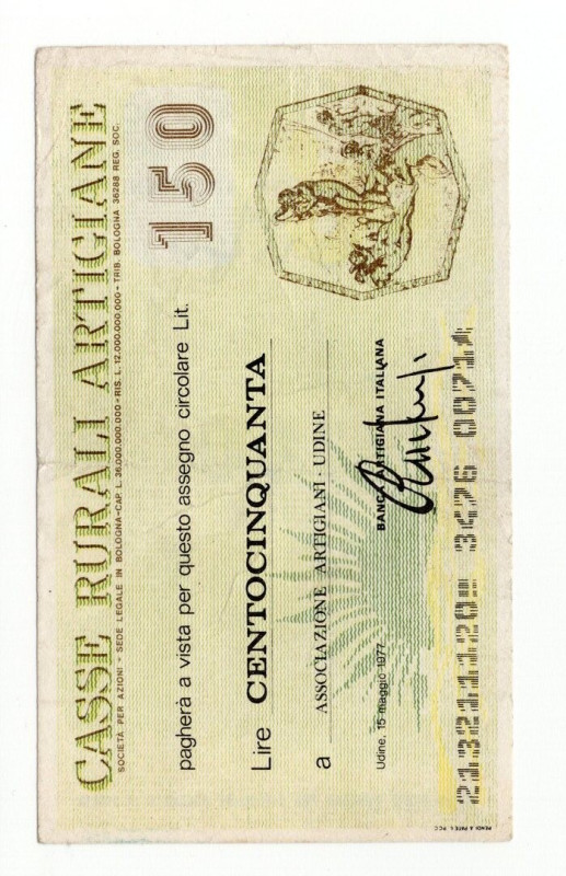 Miniassegno - Udine, 1977, Casse Rurali Artigiane da 150 Lire - Associazione Art...