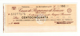 Miniassegno - Venezia, 1976, Cassa di Risparmio di Venezia da 150 Lire - Unione Commercianti ed Esercenti della Provincia di Venezia 

FDS

SPEDIZ...