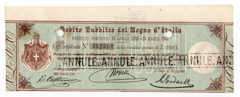 Debito Pubblico Regno d'Italia - Prestito Pontificio 1860/1864 - Titolo da rendi...