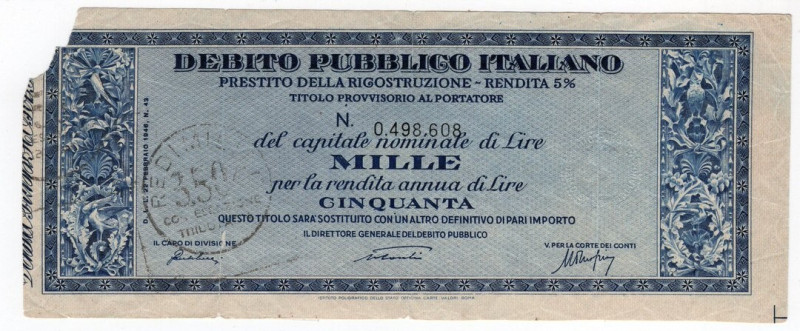 Debito Pubblico Italiano - Prestito della Ricostruzione 1000 Lire con rendita an...