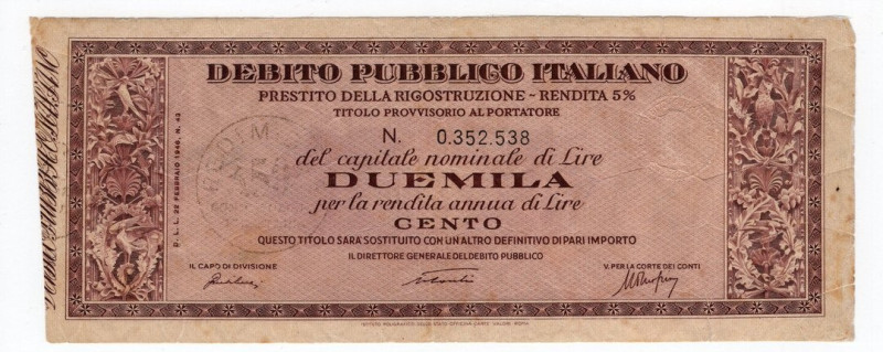 Debito Pubblico Italiano - Prestito della Ricostruzione 2000 Lire con rendita an...