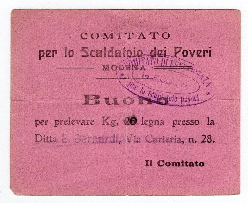 Buono per il ritiro di legna del Comitato per lo Scaldatoio dei Poveri, Modena
...