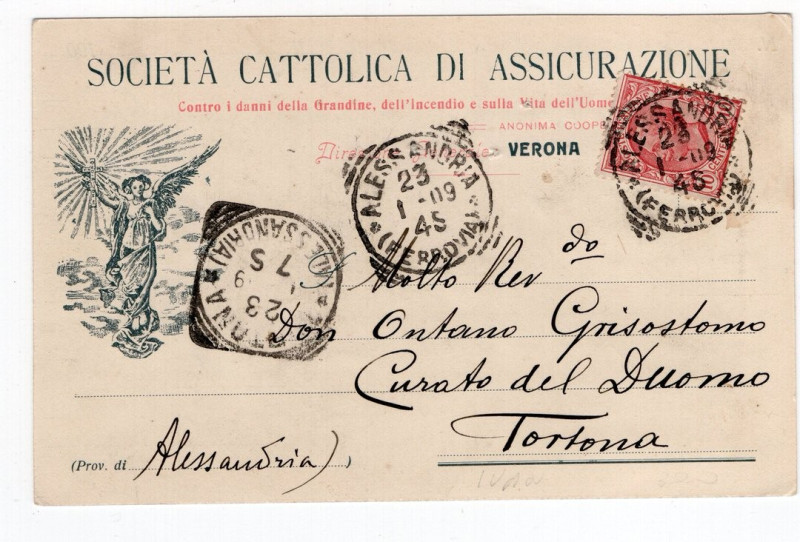 Cartolina - Società Cattolica di Assicurazione - 1909 Tortona - Volata - Leggere...