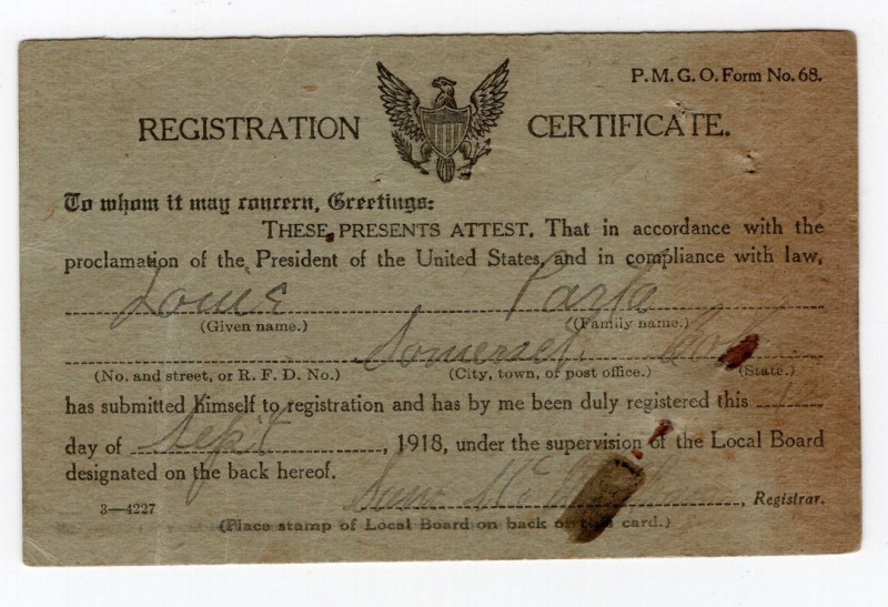 Tessera - Registrazione dell'Immigrato - 1918 - Stati Uniti - Gunnison County, C...