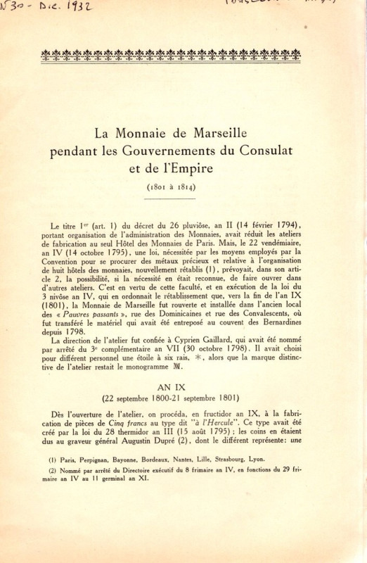 ROLLAND H. - La monnaies de Marseille pendant les Gouvernements du Consulat et d...