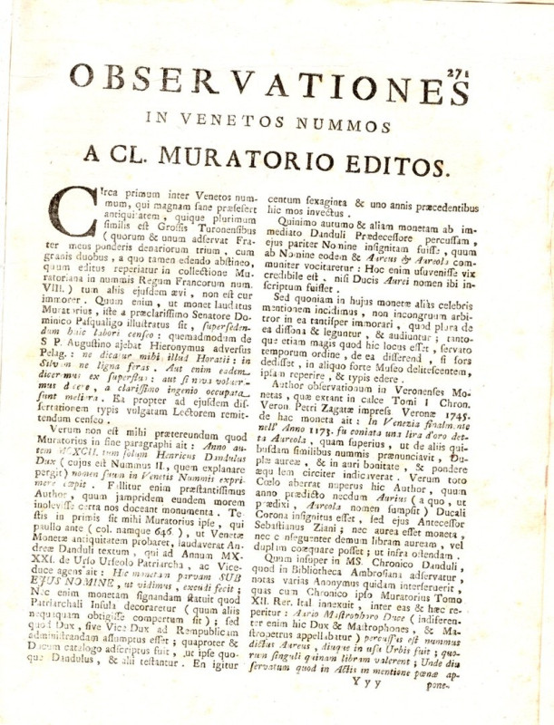 AA.-VV. - Observationes in venetos nummos. A CL. Muratorio editos. S.l.d. Pp 271...