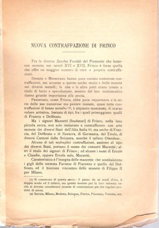 TRIBOLATI P. - Nuova contraffazione di Frinco. Milano, 1916. pp 2 , illustrazion...