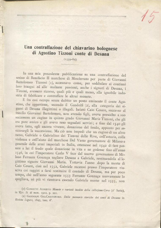 CUNIETTI - CUNIETTI A. - Una contraffazione del chiavarino bolognese di Agostino...