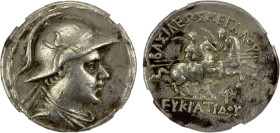 BACTRIA: Eukratides I Megas, ca. 170-145 BC, AR tetradrachm (16.63g), Bop-1D, diademed and draped bust right, wearing helmet with adorned bull's horn ...