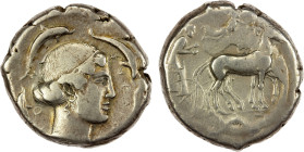 SICILY: Syracuse, Second Democracy, 466-405 BC, AR tetradrachm (16.96g), ca. 450 BC, HGC-2/1311, SNG ANS 177, charioteer driving quadriga right, Nike ...