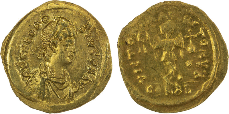 ROMAN EMPIRE: Theodosius II, 402-450 AD, AV tremissis (1.43g), Constantinople, S...