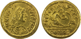 BYZANTINE EMPIRE: Justin II, 565-578, AV semissis (2.12g), Sicily, S-416C, DOC-211 (Ravenna), diademed, draped, and cuirassed bust right // Victory se...