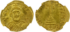 BYZANTINE EMPIRE: Leontius, 695-698, AV solidus (4.47g), Constantinople, SB-1330, 1st officina, crowned bust facing, wearing loros, holding akakia and...