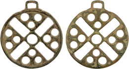 SEMIRECH'E: Nestorian bronze charm (23.35g), 49 mm; saltire Christian cross, with three hollow circles in each of the four arcs and with loop for susp...