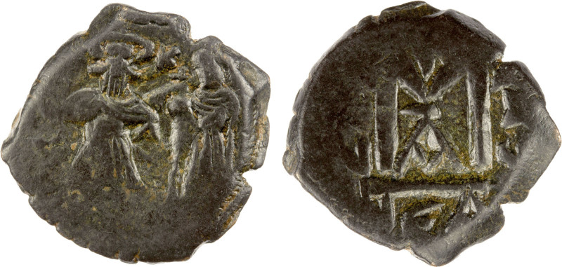 ARAB-BYZANTINE: Two Standing Figures, ca. 636-645, AE fals (5.44g), Neapolis (Na...
