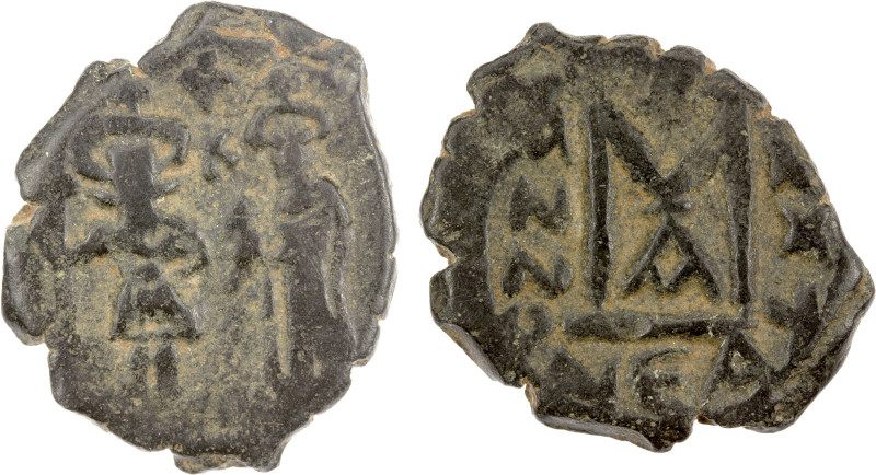 ARAB-BYZANTINE: Two Standing Figures, ca. 636-645, AE fals (5.18g), NEA (Neapoli...