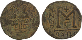 ARAB-BYZANTINE: Justin & Sophia type, late 7th century, AE follis (9.29g), Gerasa (= Jerash), year "12", A-3509.2, cf. ABQ-C2, two figures derived fro...