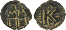 ARAB-BYZANTINE: Justin & Sophia type, late 7th century, AE 1/2 follis (3.23g), Baysan (= Skythopolis), year "7", A-3510, ABQ-B3 (probably same dies), ...