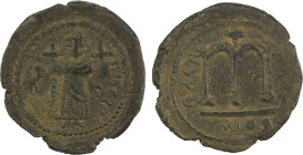 ARAB-BYZANTINE: Standing Emperor, ca. 680s, AE fals (5.86g), Tabariya (Tiberias), A-3519, type Goodwin-1, standing emperor, holding long cross and glo...