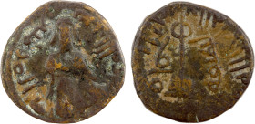 ARAB-BYZANTINE: Standing Caliph, ca. 692-697, AE fals (2.74g), Latiqiya, ND, A-3539L, Goodwin, p.79, figure #36, full bold mint name, similar to the m...