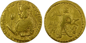 KUSHAN: Huvishka, ca. 151-190, AV dinar (7.37g), G-180 (different dies), cf. ANS-756, half-length profile bust left above the clouds, crowned, holding...