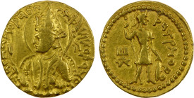 KUSHAN: Huvishka, ca. 151-190, AV dinar (7.77g), G-266, cf. ANS-770, half-length profile bust of king left, above the clouds, holding mace & ribboned ...