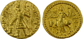 KUSHAN: Vasudeva I, ca. 190-230, AV dinar (7.92g), Mitch-3389/94, ANS-1087/90, king standing, offering sacrifice at altar, holding trident, second tri...