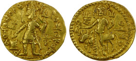 KUSHAN: Vasudeva I, ca. 190-230, AV dinar (7.89g), Mitch-3395, ANS-1092, king standing, offering sacrifice at altar, holding trident, second trident l...
