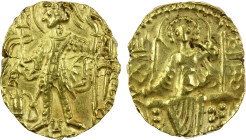 KUSHAN: Shaka, ca. 305-335, AV dinar (7.89g), Mitch-3572-var, king standing, offering over the altar, holding trident, 2nd trident to left, text Vai /...