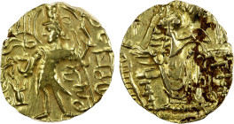KUSHAN: Kipunada, ca. 335-350, AV dinar (7.68g), Mitch-3581/83, king standing left, holding trident and sacrificing over altar, BaSaTha below arm and ...