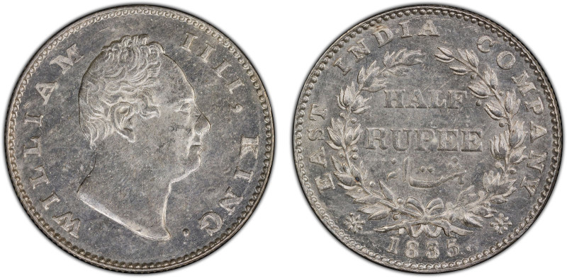 BRITISH INDIA: William IV, 1830-1837, AR 1/2 rupee, 1835(b), KM-449.1, S&W-1.60,...