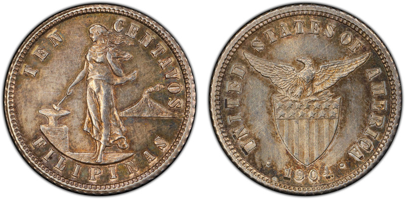 PHILIPPINES: U.S. Territory, AR 10 centavos, 1904, KM-165, a lovely quality proo...