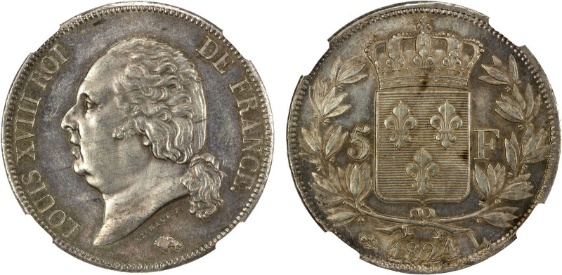 FRANCE: Louis XVIII, 1814-1824, AR 5 francs, 1824-L, KM-711.8, Gad-614, Bayonne ...