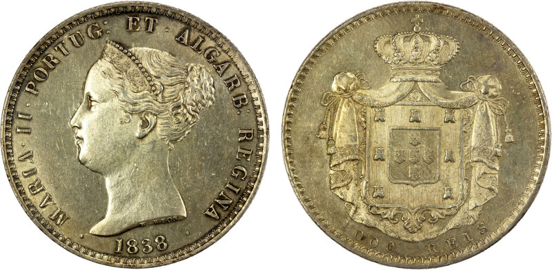 PORTUGAL: Maria II, 1834-1853, AR 1000 reis (coroa), 1838/6, KM-472, Gomes-M2-40...