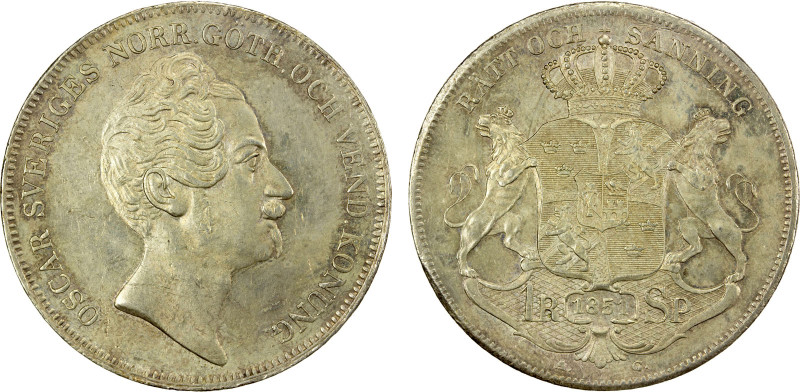 SWEDEN: Oscar I, 1844-1859, AR riksdaler, 1851, KM-667, initials AG, very lustro...