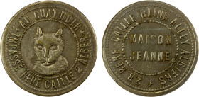 ALGERIA: French Colony, brass brothel token, ND, Lec-191, TC-492700, 29mm, facing head of cat, AU CHAT NOIR / IMPASSE RENE CAILLE 2 ALGER // MAISON JE...