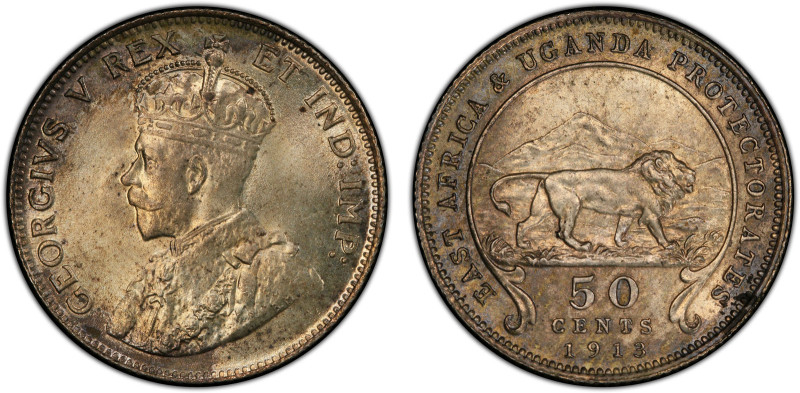 EAST AFRICA & UGANDA: George V, 1910-1936, AR 50 cents, 1913, KM-9, a wonderful ...