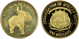 LIBERIA: Republic, AV 100 dollars, 1979, KM-38. Fr-16, Organization of African Unity, with African elephant on the obverse; in Franklin Mint cachet (n...