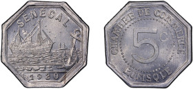 SÉNÉGAL: 5 centimes, 1920, KM-Tn12, Lec-9, octagonal aluminum flan, Chambre de Commerce de Rufisque, a fantastic quality example! PCGS graded MS66.
...