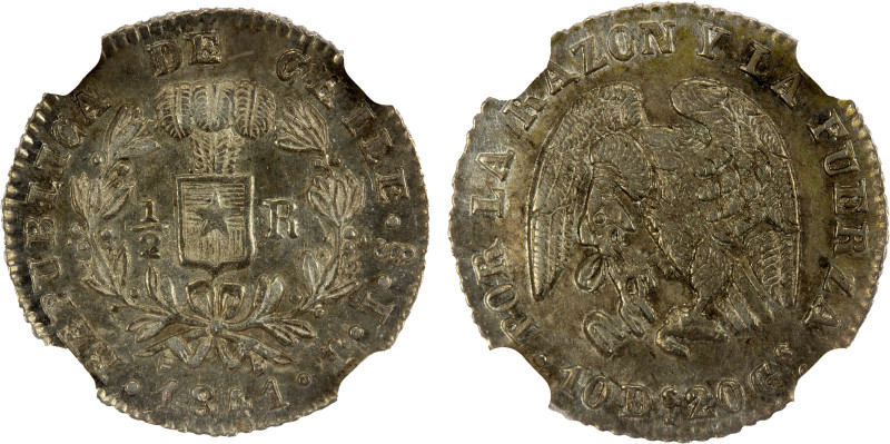 CHILE: Republic, AR 1/2 real, 1841-So, KM-98.3, assayer IJ, two-year type, light...