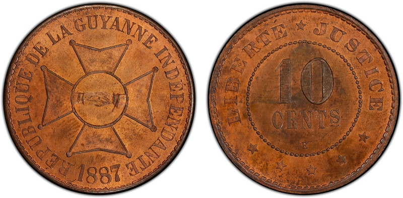 FRENCH GUIANA: Independent Republic, AE 10 centimes, 1887, KM-XE1, Lec-33, a won...