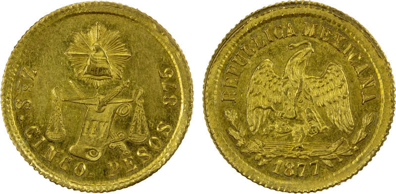 MEXICO: Republic, AV 5 pesos, 1877-Zs, KM-412.7, assayer S/A, Balance Scale type...