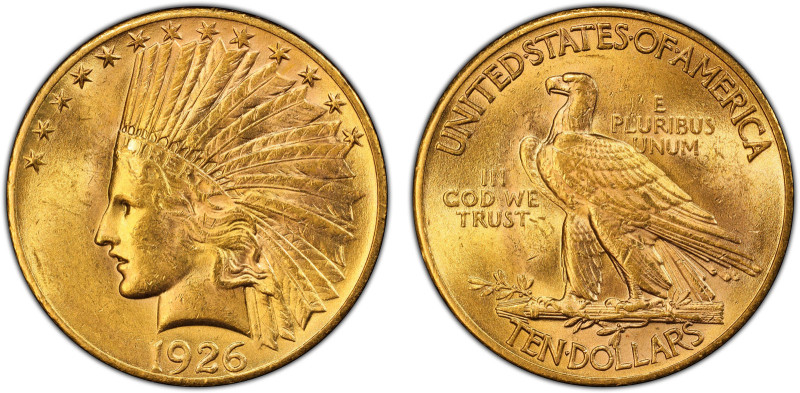 UNITED STATES: AV 10 dollars, 1926, KM-125, Indian Head - With Motto type gold '...