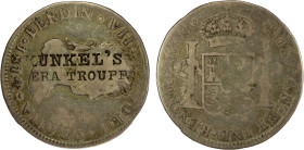 UNITED STATES: Kunkel's Opera Troupe, 2 reales token (6.31g), ND (ca. 1850's), Brunk K-347, Miller-MD-86F, 27mm countermarked 1814 Guatemala 2 reales ...